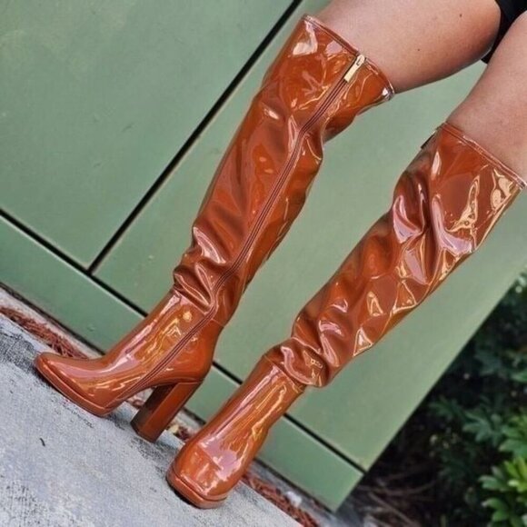 Women's Tan Thigh High Over the Knee Boots Chuncky Heel - Picture 4 of 6